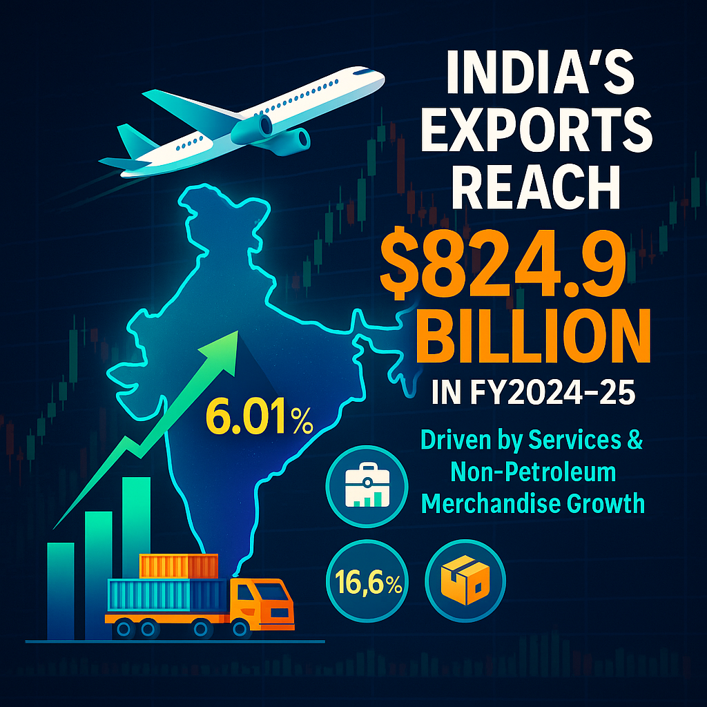 India’s Exports Hit All-Time High of $824.9 Billion in FY25 | Services & Non-Oil Trade Drive Growth